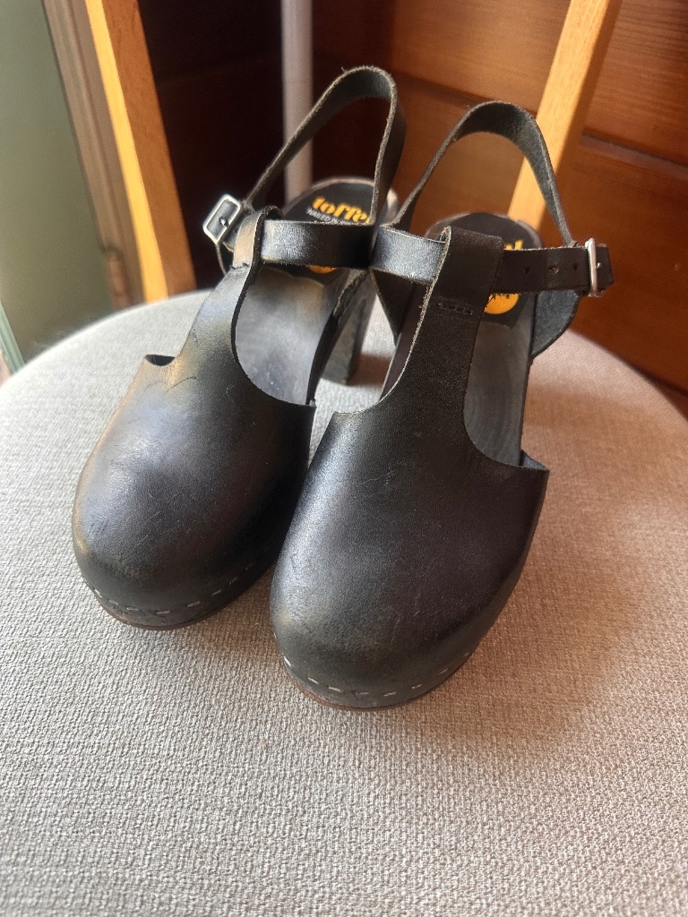 Hasbeen’s black high heel t-strap clog